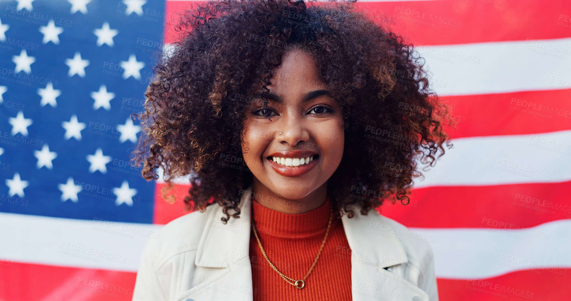 Buy stock photo Black woman, portrait and american flag for independence day, pride and heritage in background. Politics, culture and patriotism in USA, freedom or representation in celebration for human rights