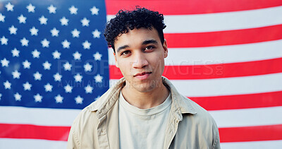 Buy stock photo Man, portrait and american flag for face and fabric, pride and heritage in background for democracy. Politics, culture or patriotic in USA, freedom or representation in celebration for human rights