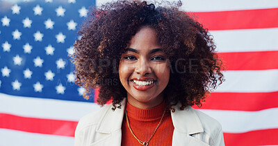Buy stock photo Black woman, portrait and american flag for independence day, pride and heritage in background. Culture, politics and patriotism in USA, freedom or representation in celebration for human rights