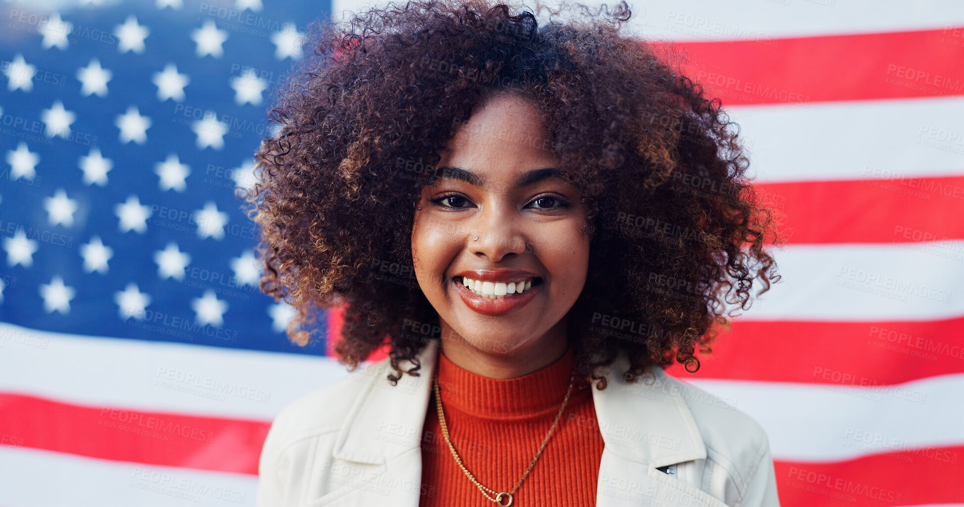 Buy stock photo Black woman, portrait and american flag for independence day, pride and heritage in background. Culture, politics and patriotism in USA, freedom or representation in celebration for human rights