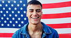 Patriotism, portrait and smile with man on american flag for democracy, freedom or home of brave. Culture, history or tradition and face of person on stars and stripes for July 4 celebration in USA