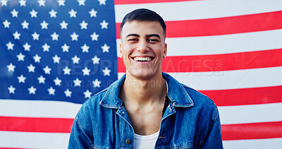 Buy stock photo Smile, patriotism and portrait with man on american flag for democracy, freedom or home of brave. Culture, history or tradition and funny person on stars and stripes for July 4 celebration in USA