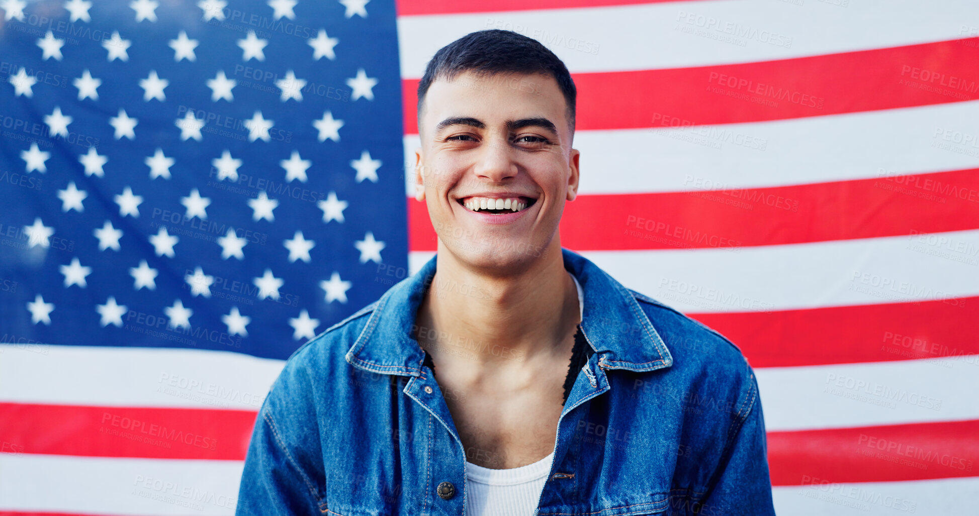 Buy stock photo Smile, patriotism and portrait with man on american flag for democracy, freedom or home of brave. Culture, history or tradition and funny person on stars and stripes for July 4 celebration in USA