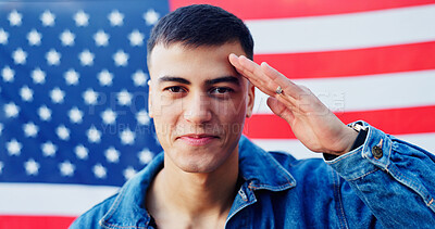 Buy stock photo Man, portrait and American flag for independence day, salute and heritage support for patriotism. Politics, culture and patriotism in USA, freedom or representation in celebration for July fourth