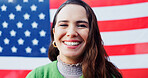 Patriotism, portrait and smile with woman on american flag for democracy, freedom or home of brave. Culture, history or tradition and face of happy person on stars and stripes for celebration in USA