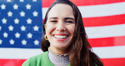 Buy stock photo Patriotism, portrait and smile with woman on american flag for democracy, freedom or home of brave. Culture, history or tradition and face of happy person on stars and stripes for celebration in USA