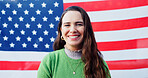 Patriotism, portrait and smile with woman on USA flag for democracy, freedom or home of brave. Culture, history or tradition and face of happy person on stars and stripes for celebration in America