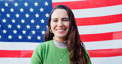 Buy stock photo Patriotism, portrait and smile with woman on USA flag for democracy, freedom or home of brave. Culture, history or tradition and face of happy person on stars and stripes for celebration in America