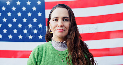 Buy stock photo Patriotism, portrait and confident woman on american flag for democracy, freedom or Independence Day. Culture, history or tradition, serious person on stars and stripes for July 4 celebration in USA