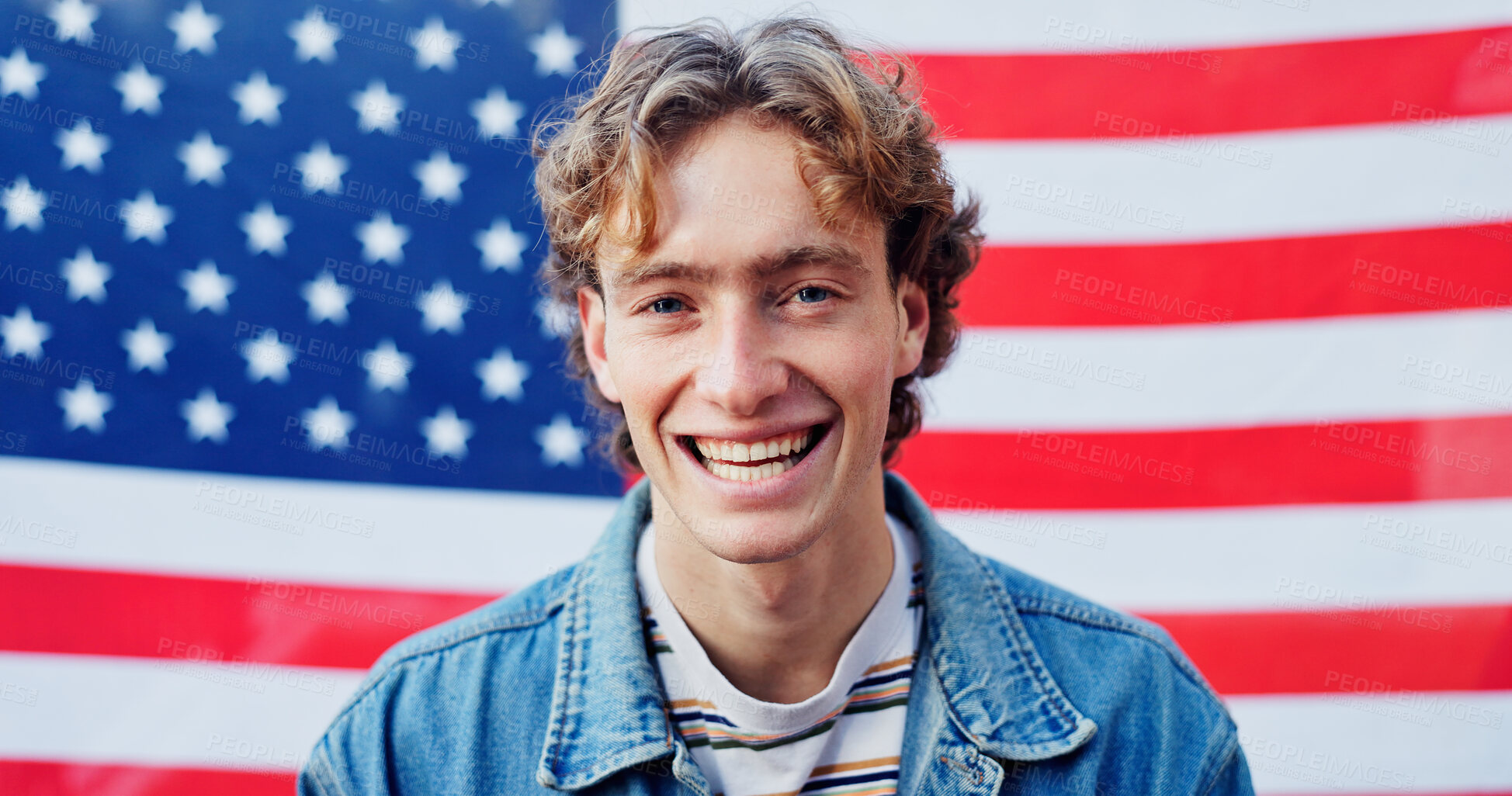 Buy stock photo Funny, patriotism and portrait with man on american flag for democracy, freedom or home of brave. Culture, history or tradition and smile of person on stars and stripes for July 4 celebration in USA