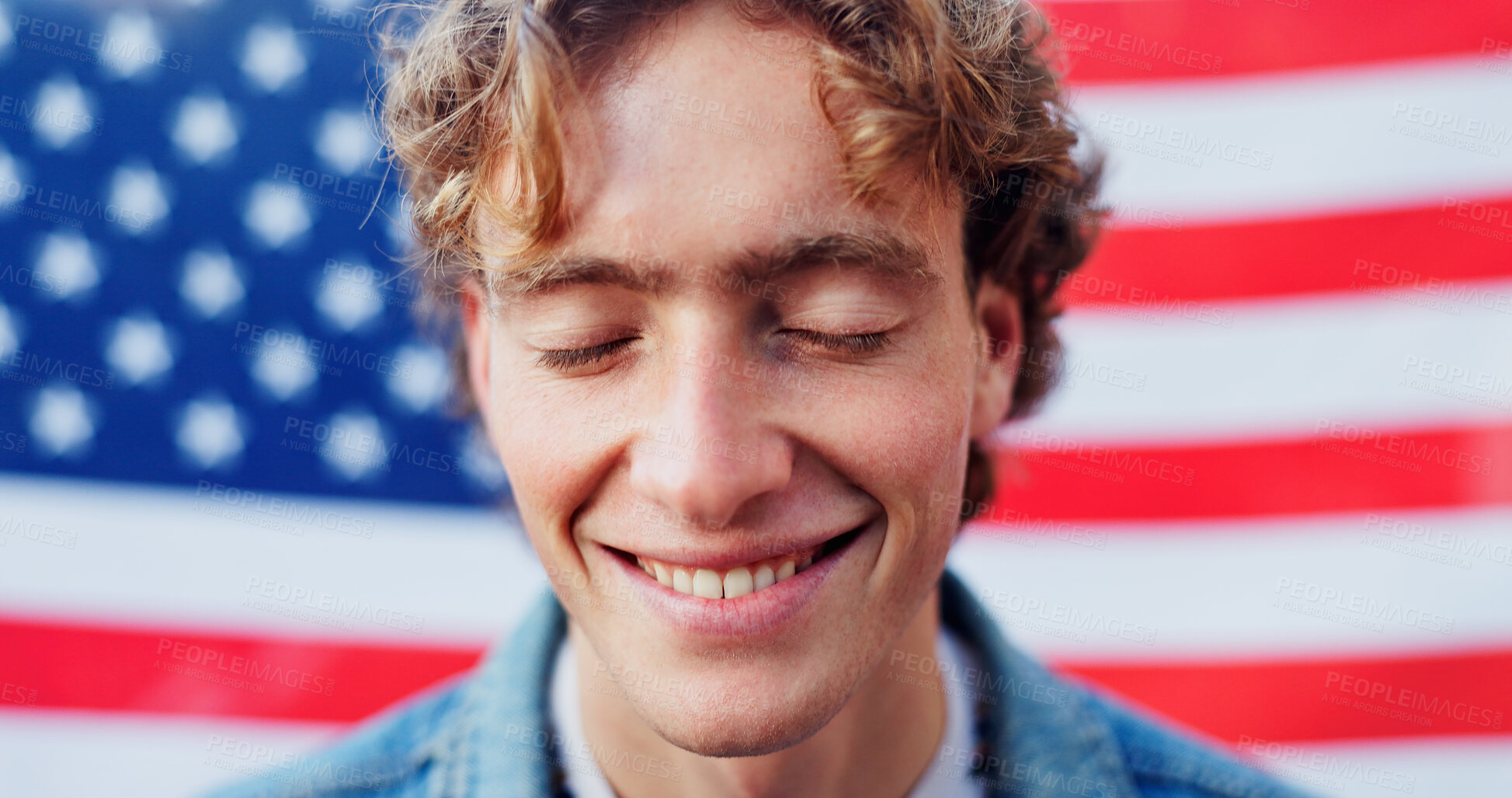 Buy stock photo Face, patriotism and smile with man on american flag for democracy, freedom or home of brave. Culture, history or tradition and happy person on stars and stripes for July 4 celebration in USA