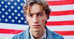 American flag, man and portrait with patriotic, government and USA pride symbol of democracy. Political, banner and human rights support for independence day, vote and US sign of solidarity and union