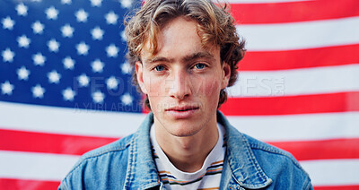 Buy stock photo Man, portrait and american flag for patriotic pride and heritage in background. Male model, stars and stripes for traditional in USA, freedom or representation in celebration for human rights
