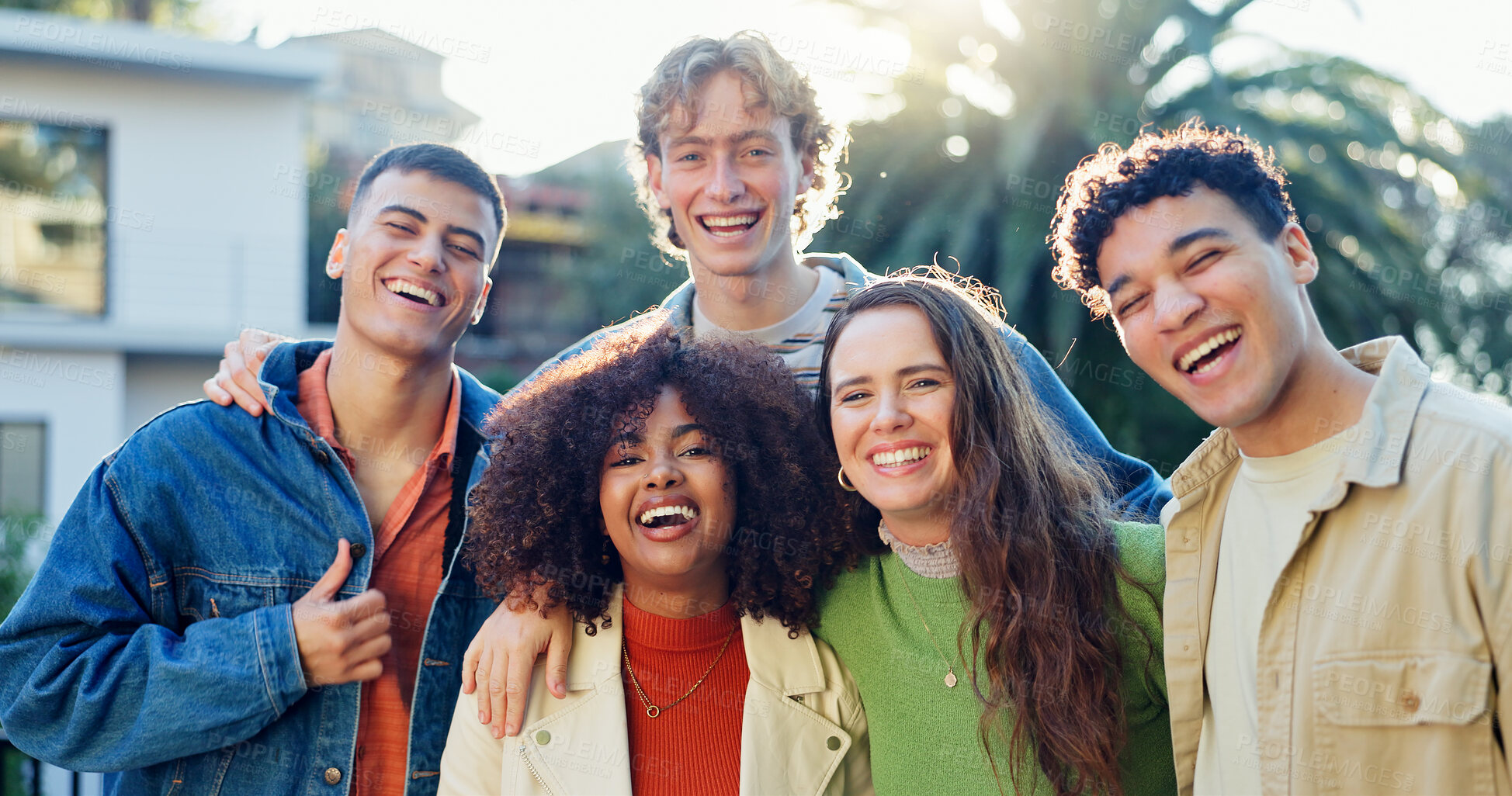 Buy stock photo Friends, group and portrait in backyard for holiday, party and get together celebration in diversity. Excited face of young people with love, support and happy for independence day or human rights