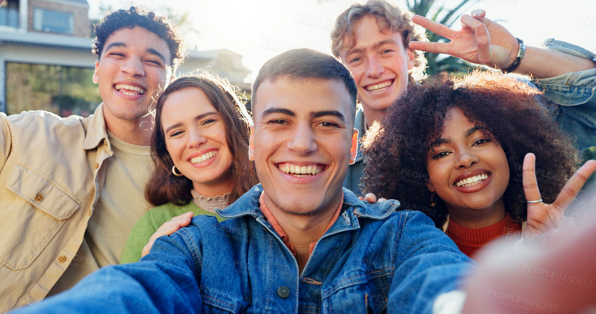 Buy stock photo Friends, portrait and selfie in backyard on holiday and get together or hangout with peace sign on social media. Excited young people in group profile picture for bonding, gen z and diversity outdoor