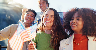 Buy stock photo Group, friends and USA flag at outdoor party, happy and celebration for union in Florida. Men, women and gen z people with cheers, hug or smile for memory, diversity or patriots on Independence Day