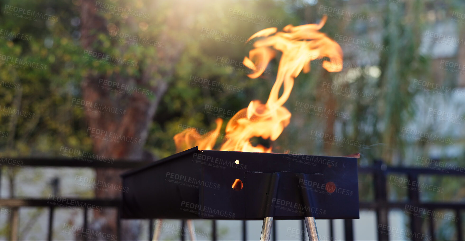 Buy stock photo Barbecue, flame and grill in backyard for party, holiday or weekend lunch with fire or heat at home or patio. Outdoor bbq for meat, steak or summer cookout with tradition for USA independence day