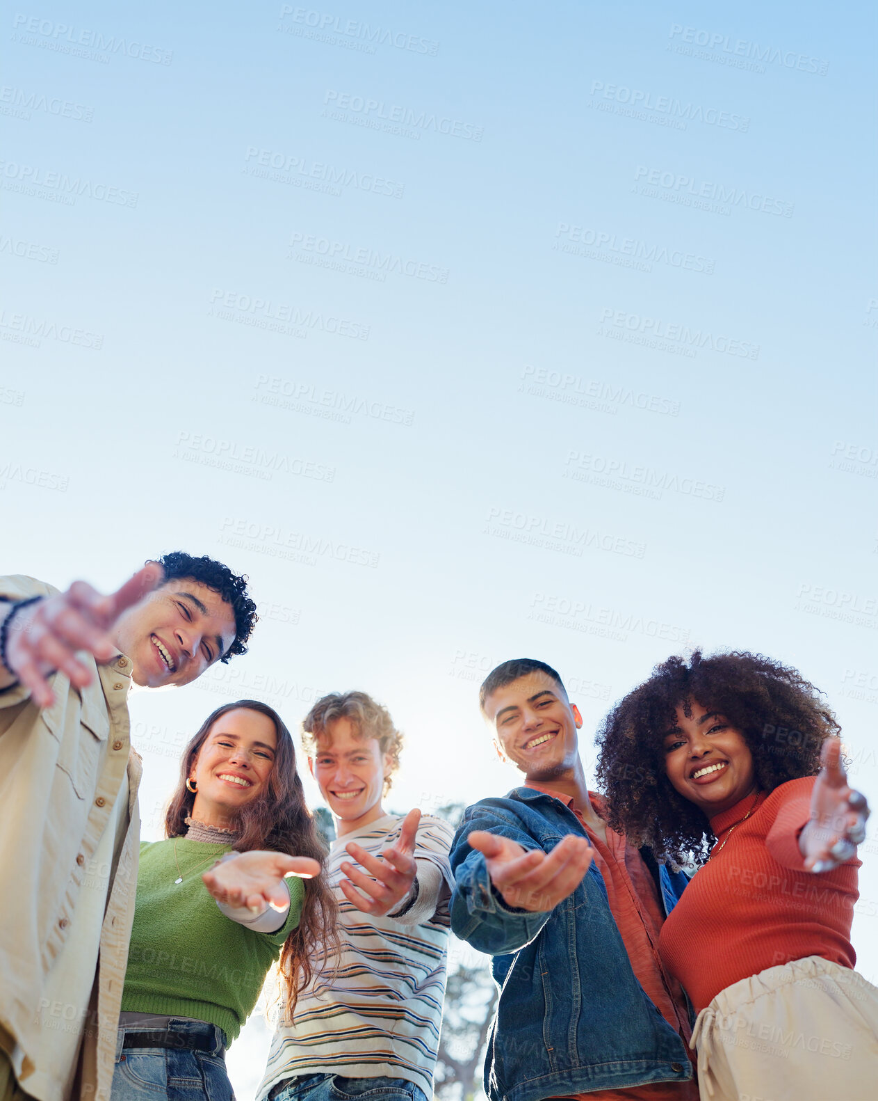 Buy stock photo Friends, people and hands for selfie with portrait outdoor for social media post, profile picture update or memory. Gen z, group or happy with blue sky for diversity, adventure or low angle on mockup