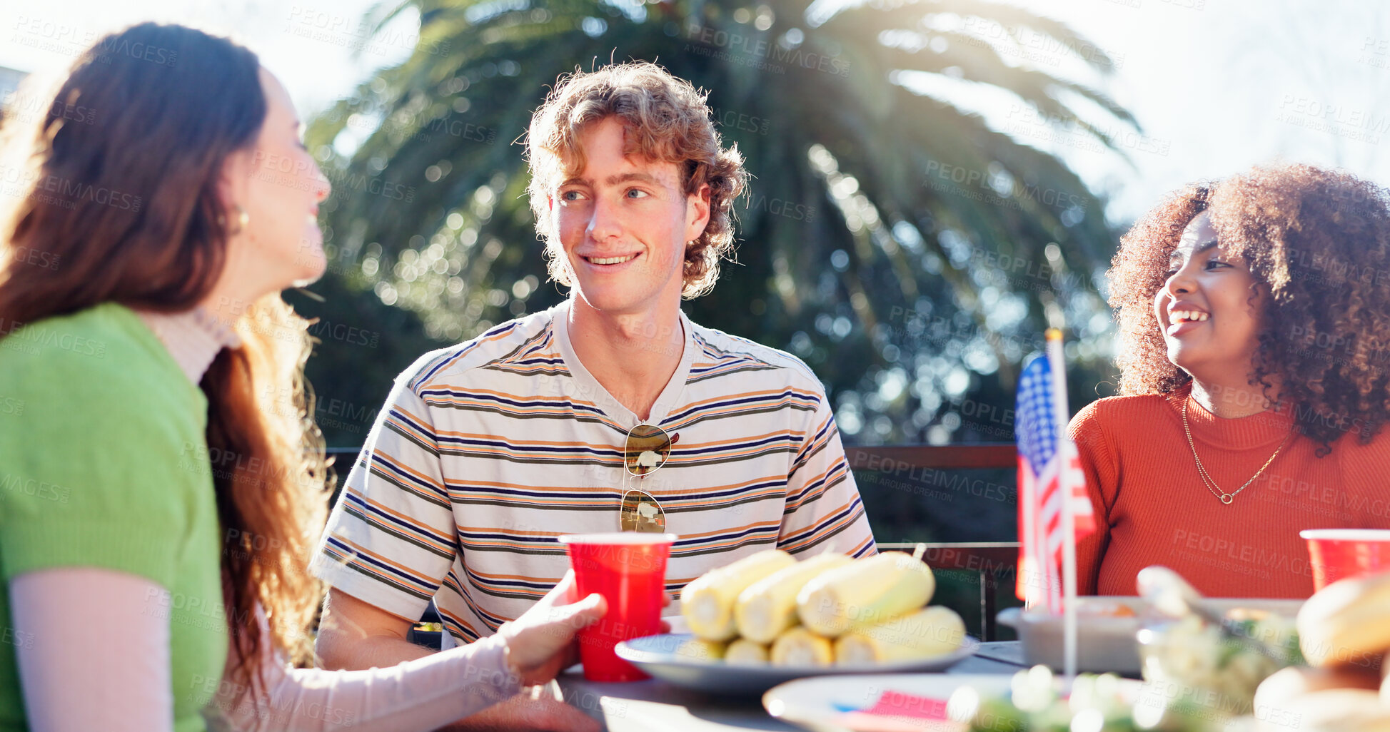 Buy stock photo People, celebration and independence day in USA with backyard food, drinks and talking of international holiday. Social group of friends by American Flag, bbq lunch and patio table for fourth of July