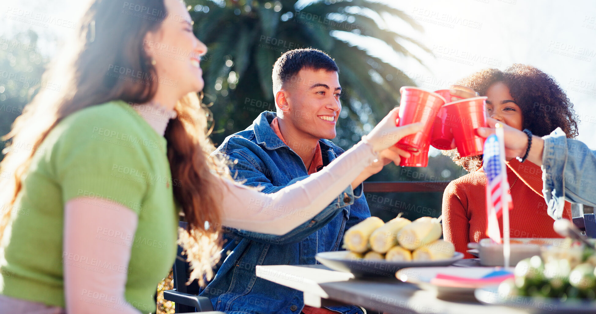 Buy stock photo Cheers, alcohol and group of friends outdoor for fourth of July celebration, social event or party. Toast, American flag and young people bonding together at barbecue on terrace for weekend holiday.