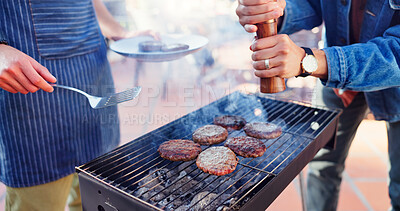 Buy stock photo Grill, food and man with burgers outdoor backyard for meal at reunion, social event or lunch on terrace. Party, barbecue and male person cooking patty, beef or meat for bbq dish on weekend at home.