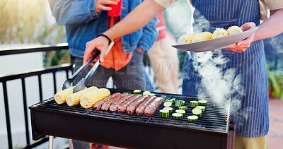 Buy stock photo Barbecue, outdoor and friends with sausage and vegetables in backyard for meal at reunion, social event or lunch. Grill, party and men cooking meat and produce for bbq dish on weekend at home.