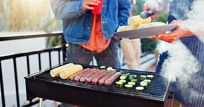 Buy stock photo Grill, outdoor and friends with sausage and vegetables in backyard for meal at reunion, social event or lunch. Barbecue, party and men cooking meat and produce for bbq dish on weekend at home.