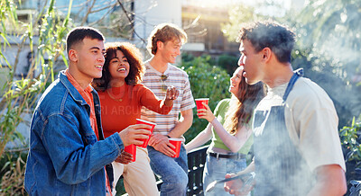 Buy stock photo Happy people, drinking and bbq with friends for social get together, bonding or outdoor discussion. Group of young students or friendly community enjoying conversation in nature outside at barbecue