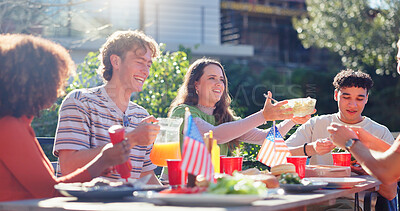 Buy stock photo Friends, group and eating bbq in garden on terrace with conversation, holiday or social event in summer. People, barbecue and reunion on patio with food, talking or celebration with bonding or drinks