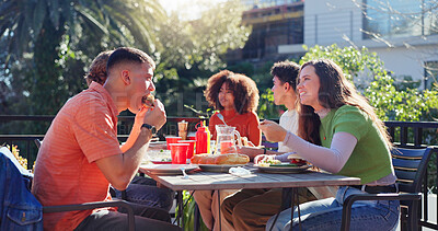 Buy stock photo Friends, people and eating bbq outdoor on terrace with conversation, reunion and social event in summer. Group, barbecue and lunch on patio with food, talking and celebration with bonding and drinks