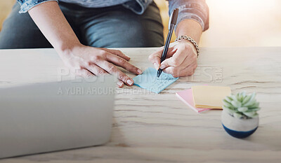 Buy stock photo Hands, writing and sticky note in office for planning schedule, strategy and agenda with laptop on desk. Business woman, working and reminder on paper for priority checklist, idea and time management