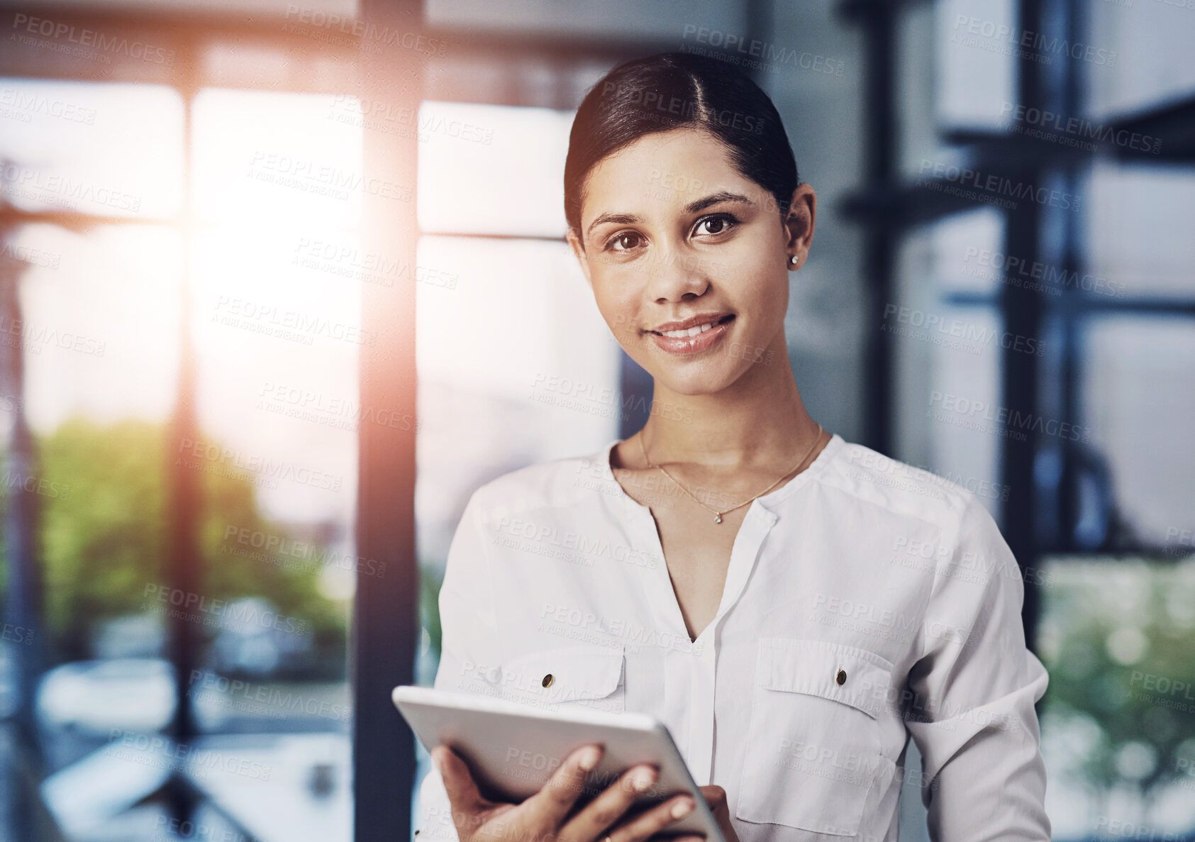 Buy stock photo Happy woman, portrait and personal assistant on tablet for email, communication and online networking. Confident, smile or proud secretary on technology for research, agenda plan and meeting schedule