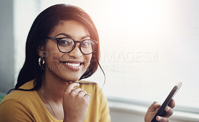 Buy stock photo Remote work, phone and woman with glasses in portrait, contact and happy for feedback. Smile, freelancer and mobile at home for communication, client support and networking for job opportunity