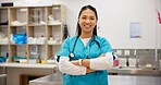 Crossed arms, veterinary and portrait of Asian woman in clinic for medical service, medicine and treatment. Healthcare, professional and worker with stethoscope for animal, pet wellness and health