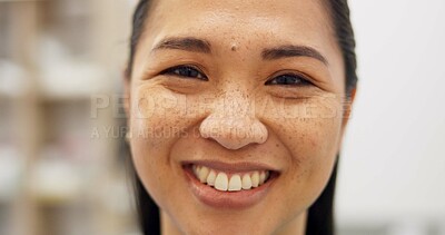 Buy stock photo Happy, portrait and woman in house with confidence, positive attitude and chilling on day off, vacation or weekend at home. Face, smile and Malaysian girl person in apartment, relax or resting