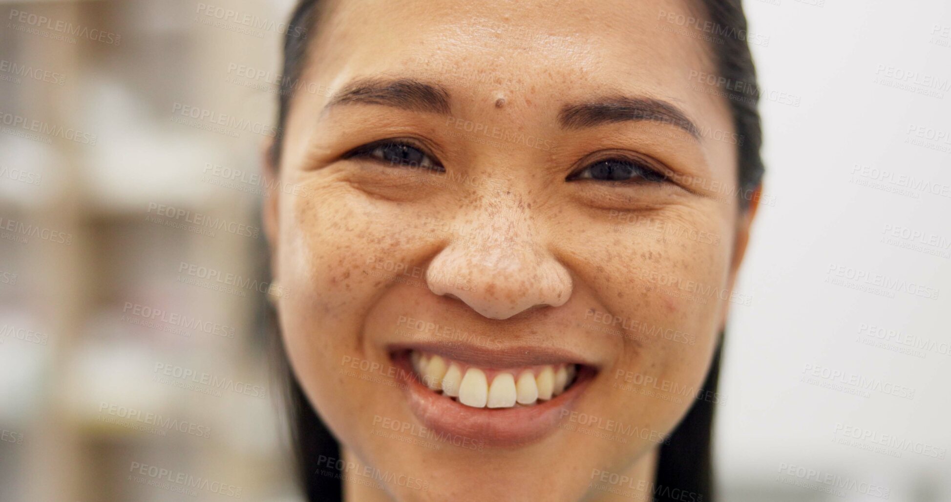 Buy stock photo Happy, portrait and woman in house with confidence, positive attitude and chilling on day off, vacation or weekend at home. Face, smile and Malaysian girl person in apartment, relax or resting