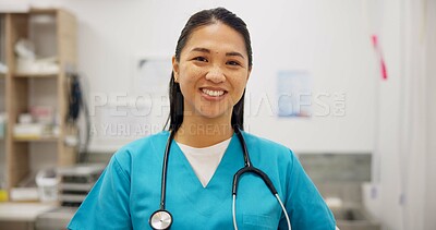 Buy stock photo Happy, veterinary and portrait of Asian woman in clinic for, medical care, medicine and treatment. Healthcare, hospital and face of happy worker with stethoscope for animal, pet doctor and health