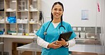 Happy woman, portrait and veterinarian with tablet for animal healthcare, shelter or emergency at clinic. Young asian, female person or veterinary with smile, stethoscope and technology at pet center