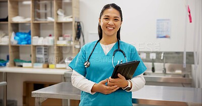 Buy stock photo Happy woman, portrait and veterinarian with tablet for animal healthcare, shelter or emergency at clinic. Young asian, female person or veterinary with smile, stethoscope and technology at pet center