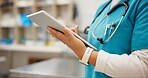 Woman, vet and hands with tablet for research on animal medicine, study or browsing at clinic. Closeup of female person or veterinarian scrolling on technology for medical search or pet treatment