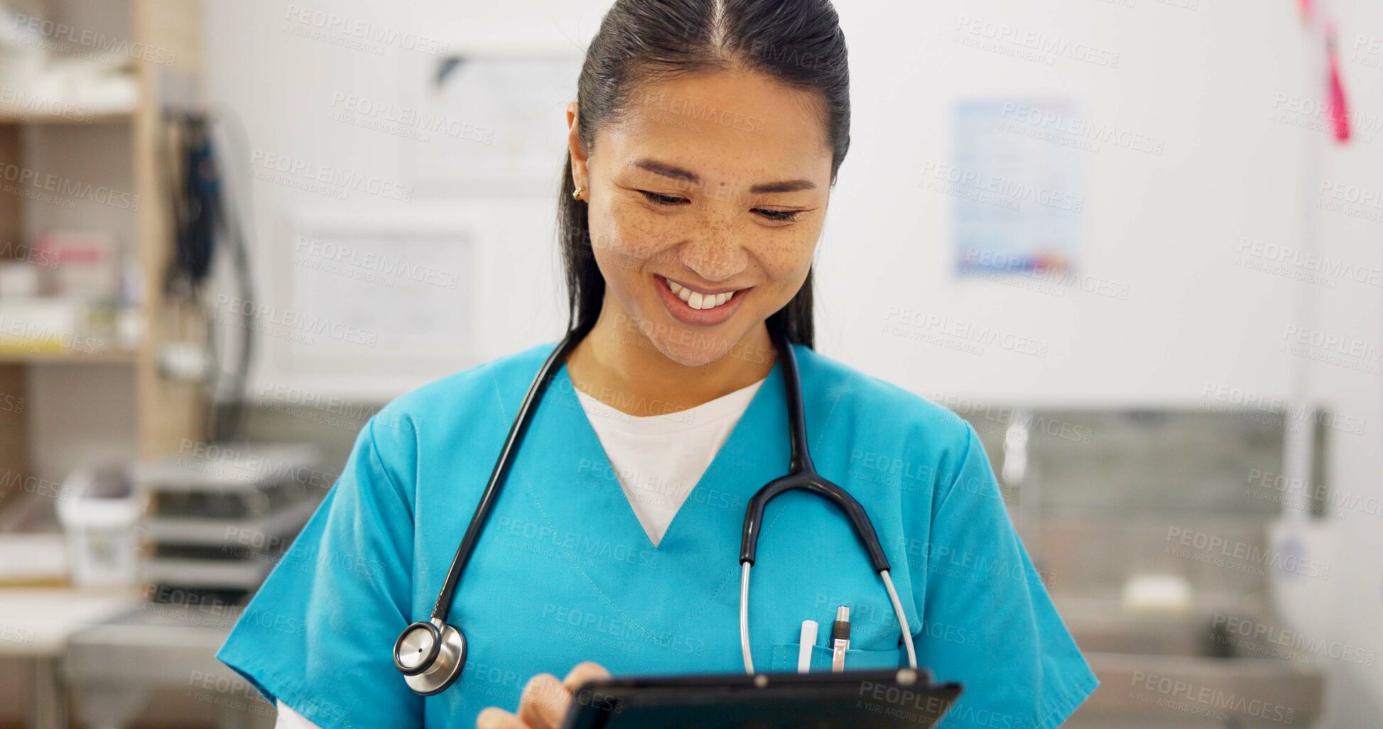 Buy stock photo Happy, asian woman and veterinarian with tablet for research on animal medicine, study or browsing at clinic. Young female person or veterinary scrolling on technology with smile for medical search