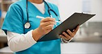 Woman, vet and hands writing with clipboard for results on animal medicine, study or diagnosis at clinic. Closeup of female person or veterinarian taking notes for medical prescription or treatment