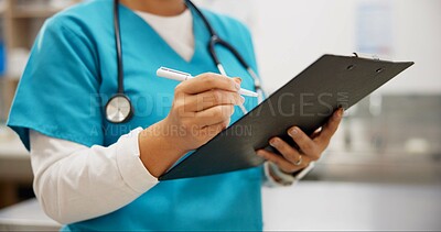 Buy stock photo Woman, vet and hands writing with clipboard for results on animal medicine, study or diagnosis at clinic. Closeup of female person or veterinarian taking notes for medical prescription or treatment