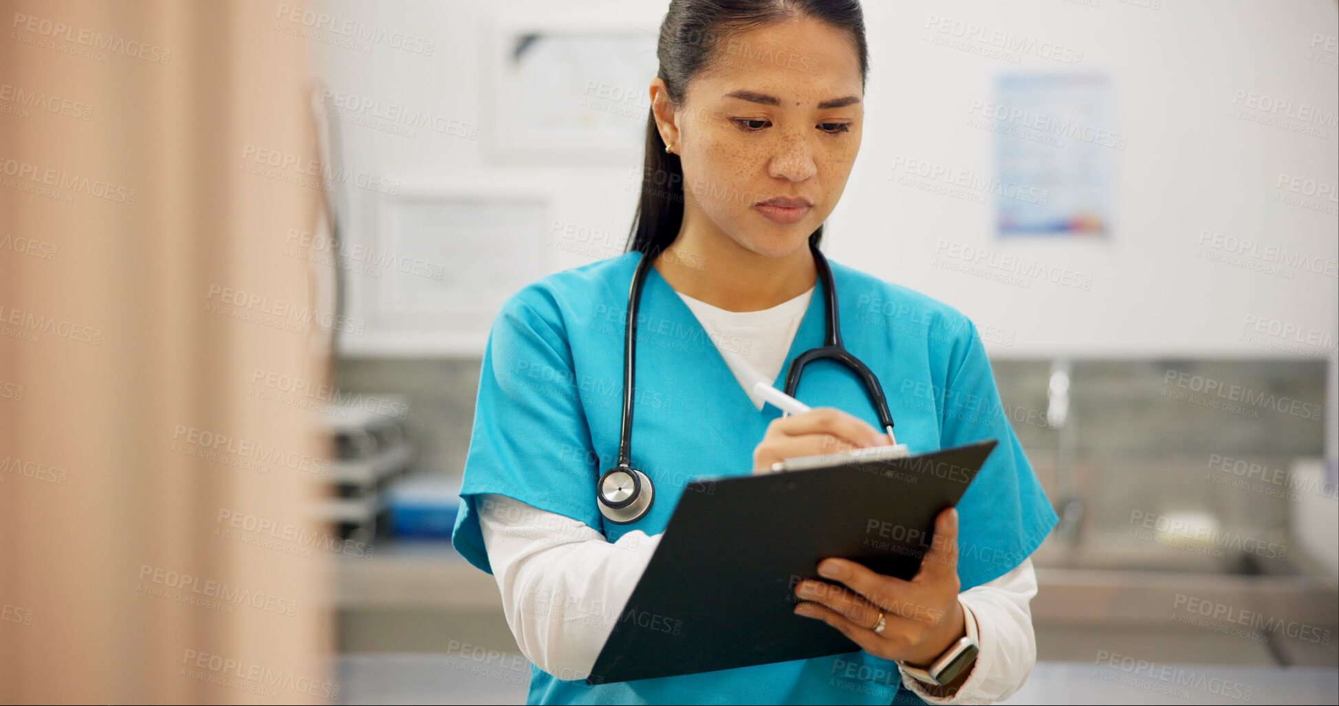 Buy stock photo Asian woman, vet and writing with clipboard for results on animal medicine, study or diagnosis at clinic. Young female person or veterinarian taking notes for medical prescription or pet treatment