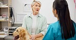 Woman, veterinary and consulting owner with dog for animal care, visit or healthcare at shelter. Female person or veterinarian talking to customer with sick pet for exam or consultation at clinic