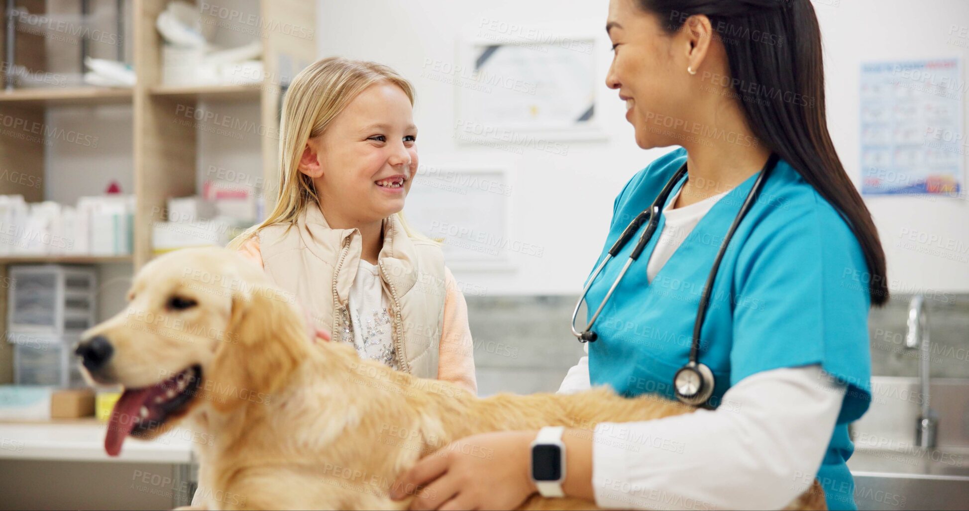 Buy stock photo Woman, vet and dog at clinic with child, consulting and stroke for health, development and growth with wellness. People, doctor and golden retriever pet with smile, talk and exam at animal hospital