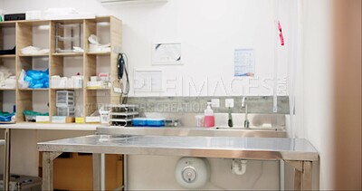 Buy stock photo Empty room, interior and animal clinic for vet, tools and equipment for healthcare services. Table, basin and shelf with medicine for pet, rescue and wellness with furniture for care at hospital