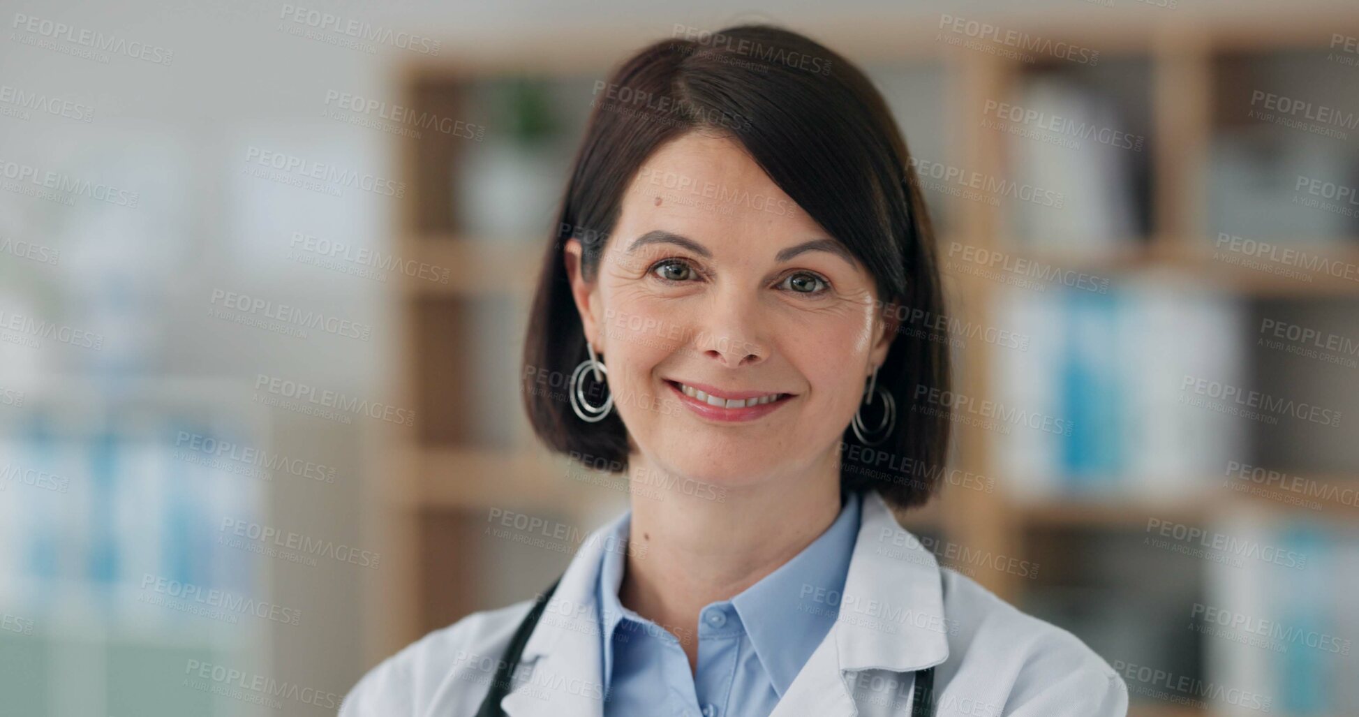 Buy stock photo Woman doctor, smile and confident in portrait for medical, medicare or healthcare in clinic. Female person, pride and happy in office for service, support and specialist or consultant in workplace