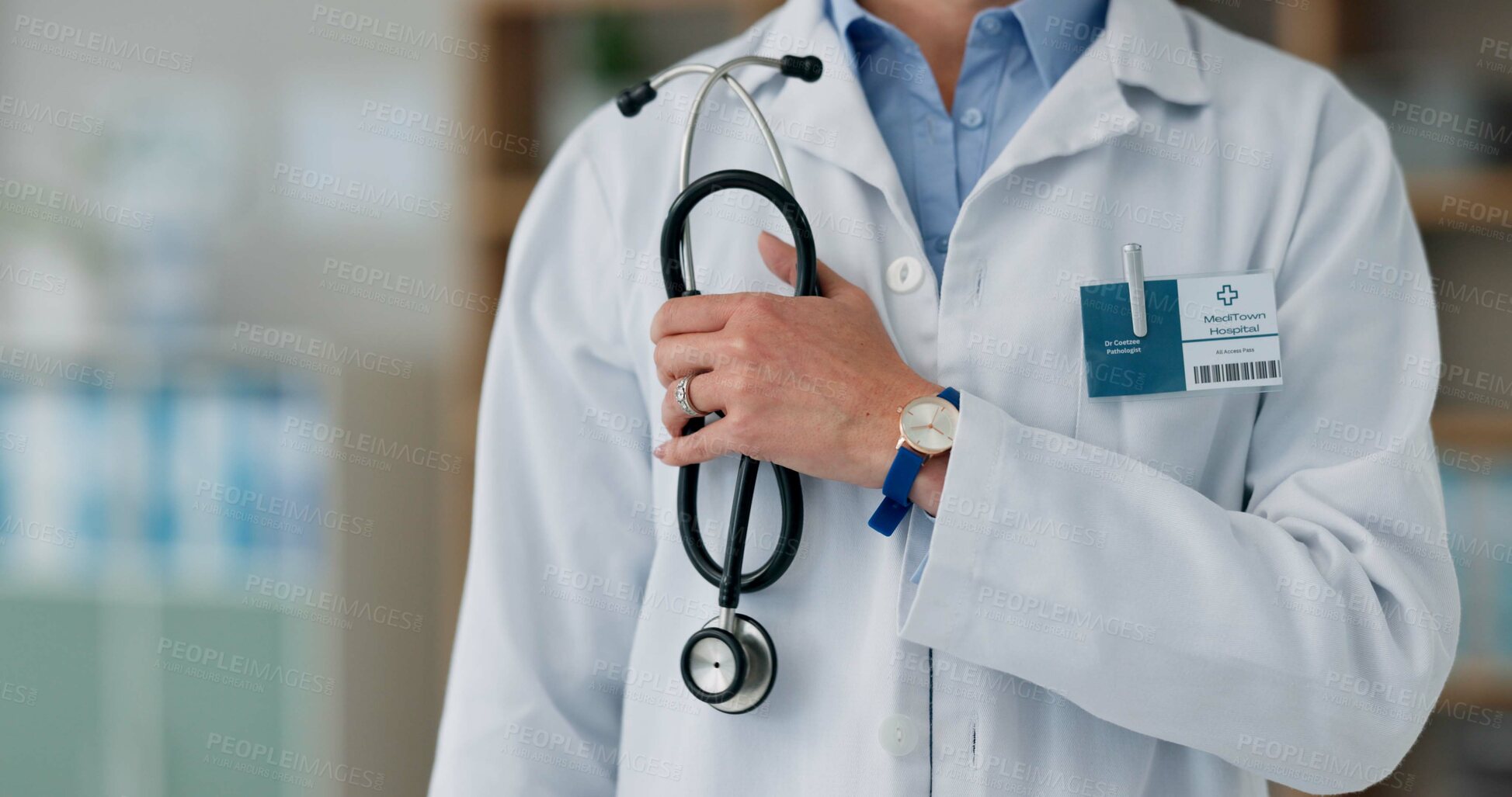 Buy stock photo Person, doctor and hands with stethoscope for cardiology, examination or healthcare at hospital. Closeup of medical professional or cardiologist with tool or equipment for checkup or heart health