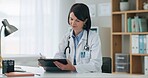 Smile, woman and writing in office, doctor and medical diagnosis in clipboard, healthcare and hospital. Clinic, stethoscope and employee with uniform, medicine and desk for notes, report and schedule